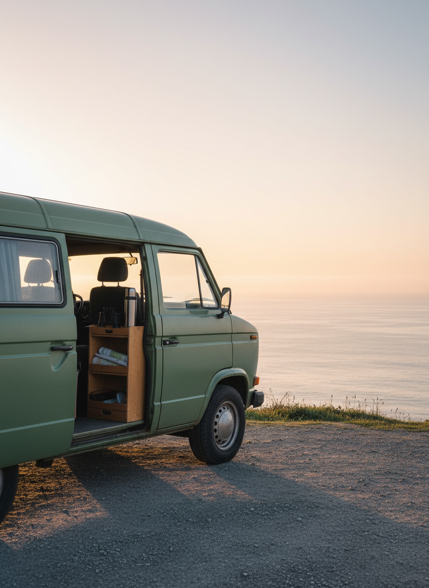 A sturdy, slightly weathered camper van in soft sage green is parked at the edge of a tranquil cliffside viewpoint, facing an expansive ocean that glows with the subtle color shift of dawn. The van’s side door is open, revealing neatly organized shelves with maps, binoculars, and a stainless steel thermos, all in sharp photographic detail. Cool morning light casts long, gentle shadows across the gravel pull-off and illuminates thin mist hovering above the water. Captured from a three-quarter angle with a wide lens, the scene balances the van on one side and the vast seascape on the other, evoking a professional yet relaxed spirit of roaming in retirement and endless possibilities on the open road.