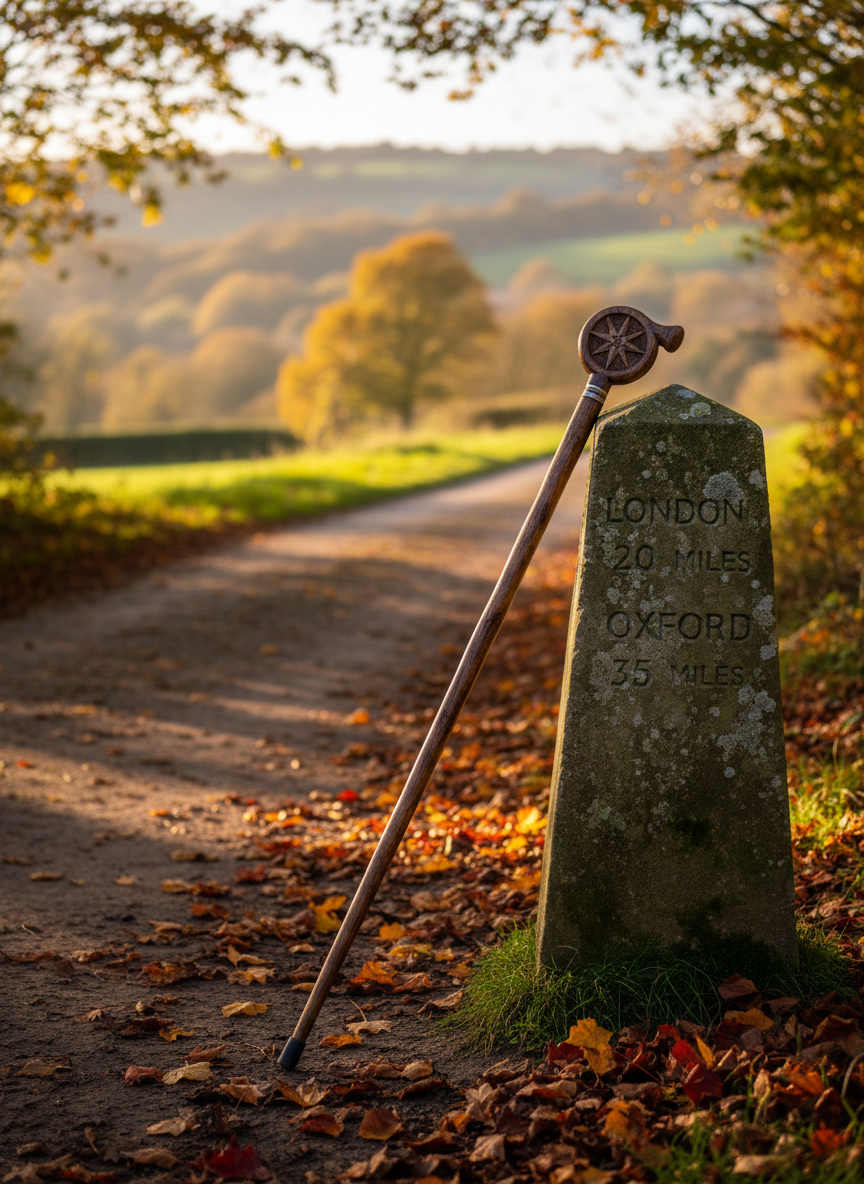 A polished wooden walking stick with a carved compass rose in its handle leans against a moss-covered stone milestone on a quiet country path. The milestone bears faintly engraved distance markings, softened by age and lichen. Fallen autumn leaves in russet, gold, and amber hues scatter across the packed earth trail, leading the eye toward a softly focused landscape of rolling hills and distant trees. Warm, low golden-hour sunlight filters through the branches, creating dappled patterns on the ground and subtle rim lighting on the walking stick. Photographic realism, composed with the walking stick in the foreground using the rule of thirds, conveys a calm, dignified atmosphere of purposeful exploration in later life.