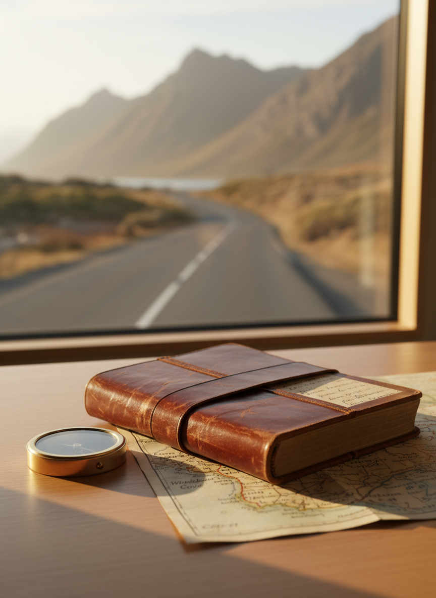 A well-worn leather travel journal with a rich chestnut patina lies open on a smooth wooden table beside a classic brass compass and a folded, slightly faded paper map of a coastal region. Outside a large picture window, distant mountains and a winding road appear softly blurred, suggesting a long journey ahead. Late afternoon natural light pours in at an angle, creating warm highlights on the leather grain and gentle shadows under the compass. Photographic realism, shot at eye level with a shallow depth of field, emphasizes the tactile details of the objects. The mood is reflective and quietly inspirational, suggesting thoughtful retirement adventures carefully planned and savoringly remembered.